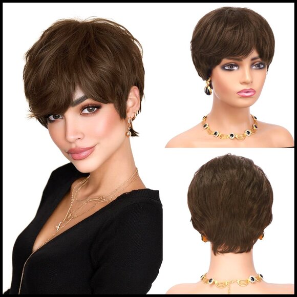 Short Straight Human Hair Pixie Wig Glueless Layered Style Adjustable